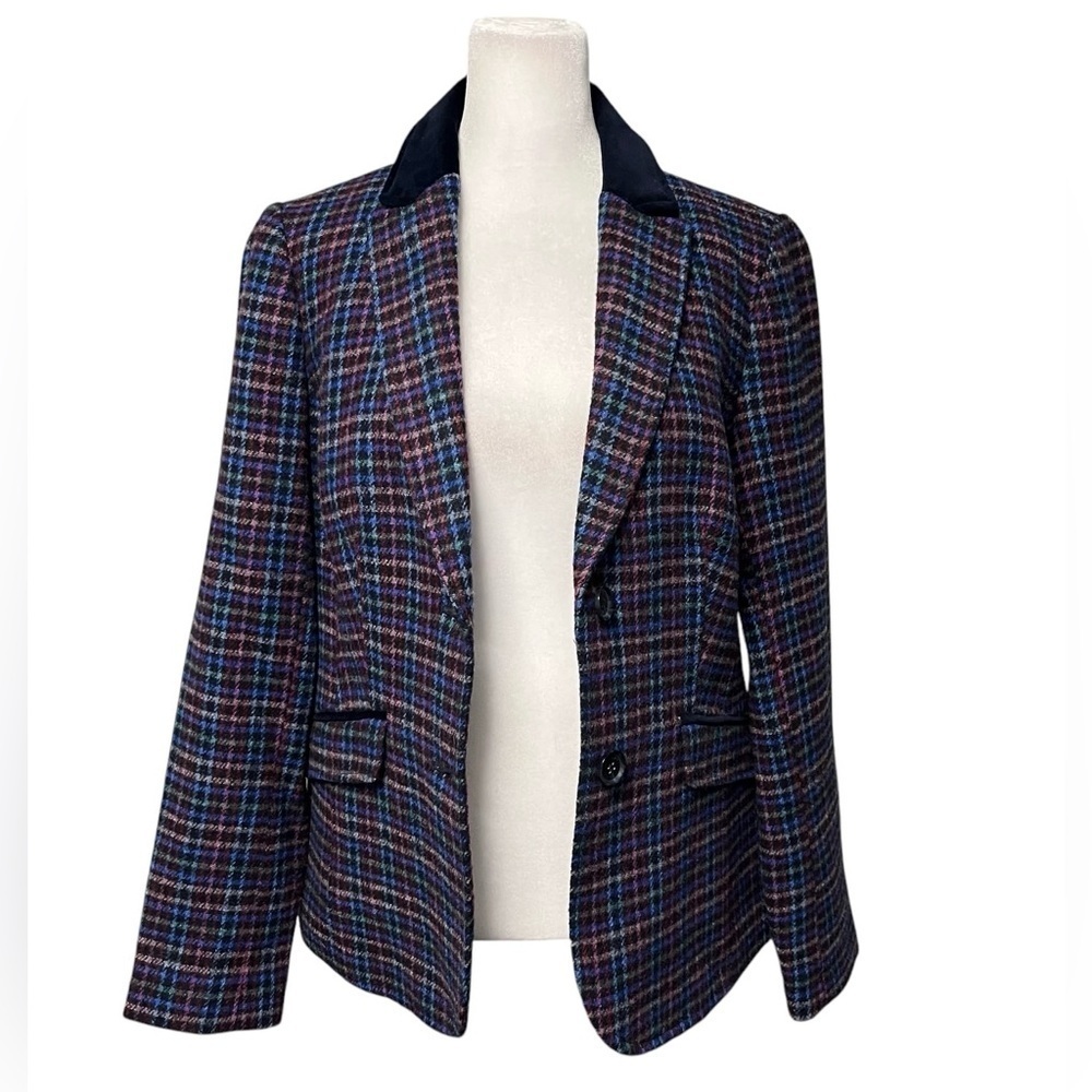 Talbots Blue Plaid Velvet Collar Shetland Wool Blazer Size 6 - Picture 8 of 10